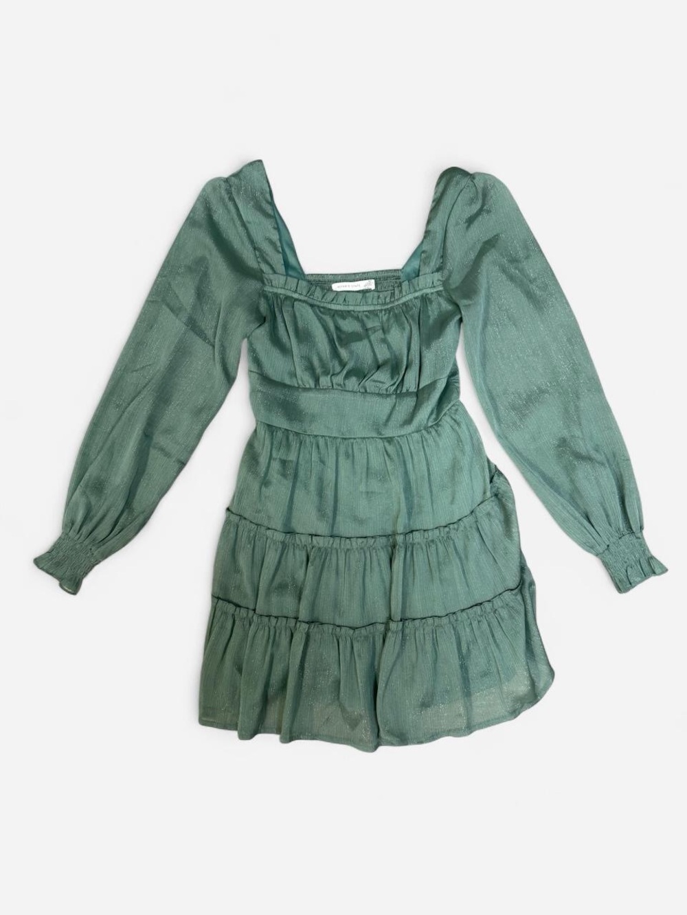 Altar'd State Emerald Square-Neck Tiered Long-Sleeve Mini Dress